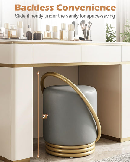 Giantex Modern Round Upholstered Vanity Stool with Gold Halo Metal Accent