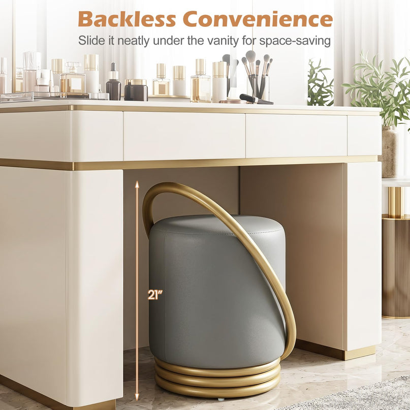 Giantex Modern Round Upholstered Vanity Stool with Gold Halo Metal Accent