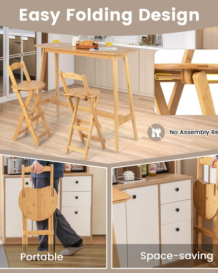 Folding Bamboo Bar Stools 24” Kitchen Counter Height Stool with Backrest & Footrest