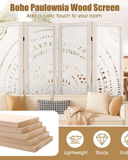 Giantex Room Divider 4 Panels - 66'' Boho Room Dividers with Carved Pattern & Solid Wood Frame