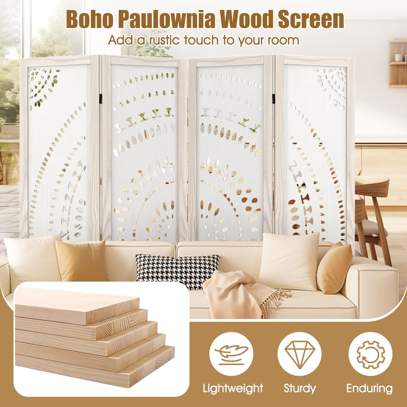 Giantex Room Divider 4 Panels - 66'' Boho Room Dividers with Carved Pattern & Solid Wood Frame