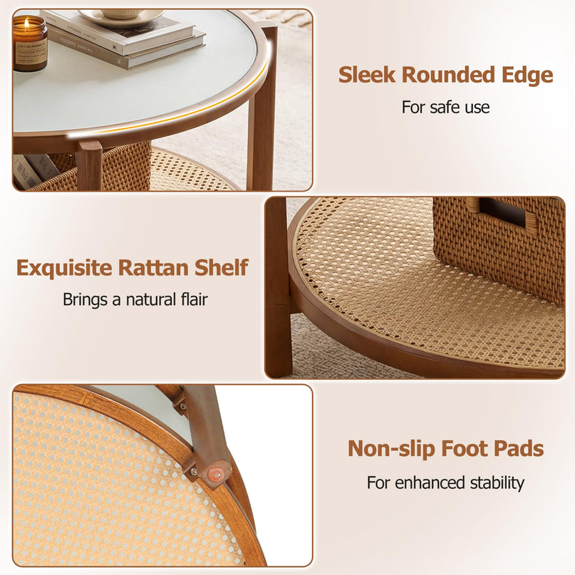 Giantex Rattan 35" Farmhouse Glass Center Table with Storage