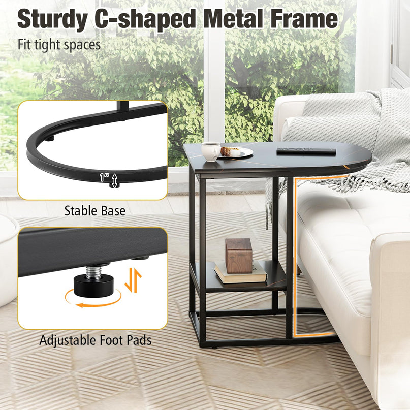 Giantex C Shaped End Table with Faux Marble Tabletop & Storage Shelf
