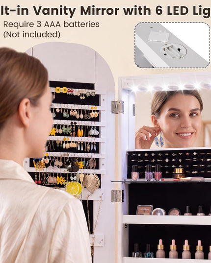 CHARMAID Wall Mount & Over the Door LED Full Length Mirror Jewelry Cabinet