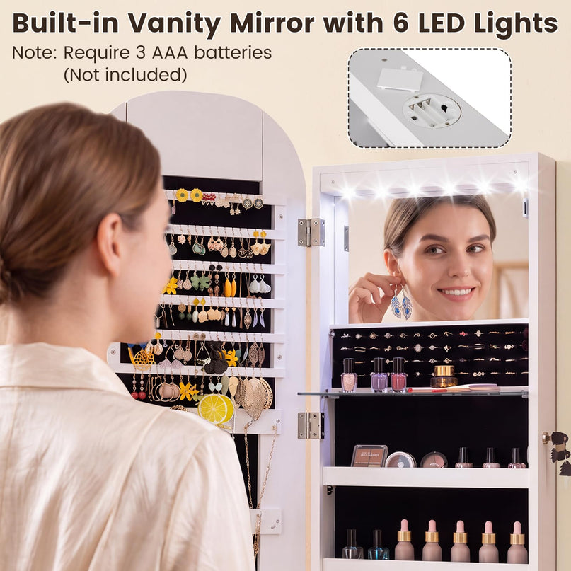 CHARMAID Wall Mount & Over the Door LED Full Length Mirror Jewelry Cabinet