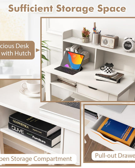 Giantex White Computer Desk with Hutch, Home Office Desk with Power Outlets, USB Ports
