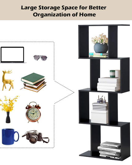 4 Tier Bookshelf S Shaped Bookcase, Multifunctional Wooden Display Decor Furniture