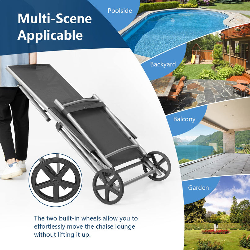 Giantex Chaise Lounge Outdoor Chair- Patio Folding Lounge Chair with Wheels, 7 Adjustable Level