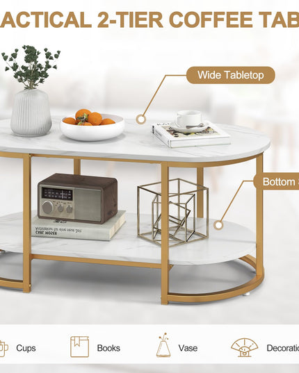 Giantex White Marble Coffee Table - Modern 2-Tier Center Table w/Open Storage Shelf