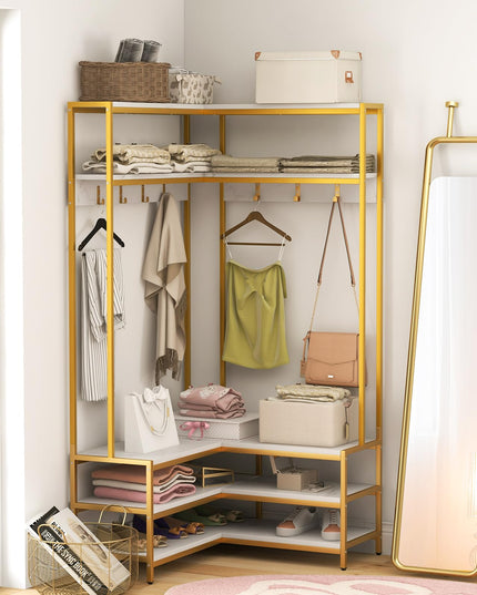 Giantex Corner Coat Rack with Shoe Bench, L-shaped Garment Rack with 5 Shelves & 7 Hooks