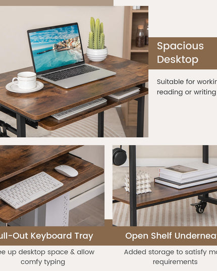 Giantex Mobile Computer Desk, Rolling Writing Desk with Keyboard Tray, Shelf & 3 Hanging Hooks, Rustic Brown & Black