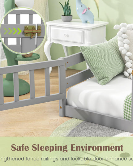 Giantex Twin Floor Bed with Door & Fence, Kids Wood Montessori Bed with Safety Guardrails