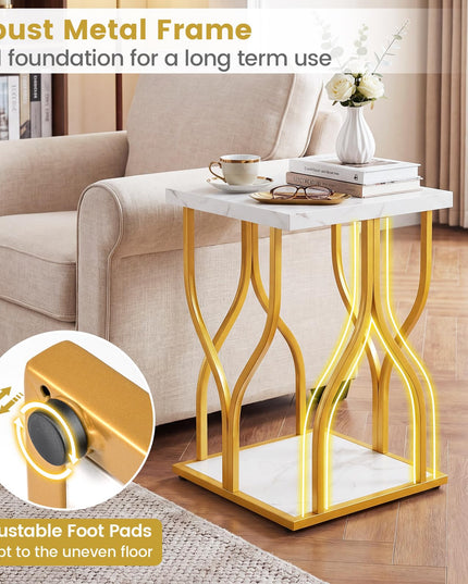 Giantex 2-Tier End Table with Storage Shelf & Gold Petal-Inspired Geometric Metal Frame