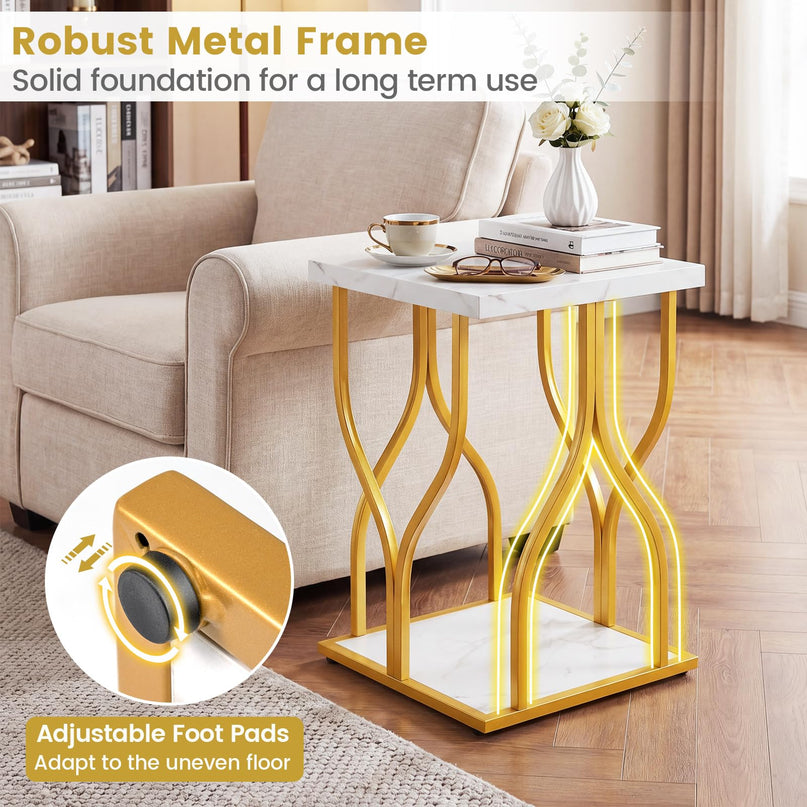 Giantex 2-Tier End Table with Storage Shelf & Gold Petal-Inspired Geometric Metal Frame