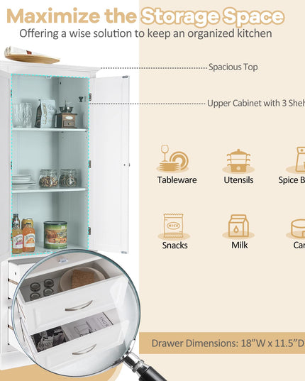 Giantex Kitchen Pantry Cabinet - 62” Floor Storage Cabinet with 2 Large Drawers(White)