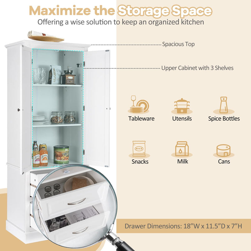 Giantex Kitchen Pantry Cabinet - 62” Floor Storage Cabinet with 2 Large Drawers(White)
