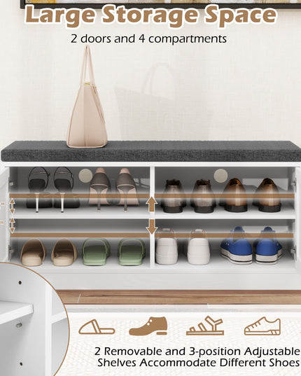 Giantex Shoe Storage Bench with Cushion, 2-Tier Entryway Bench w/2 Barn Doors & 2 Adjustable Shelves