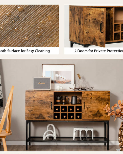Giantex Industrial Buffet Sideboard, Freestanding Kitchen Cupboard with Wine Rack (Rustic Brown & Black)