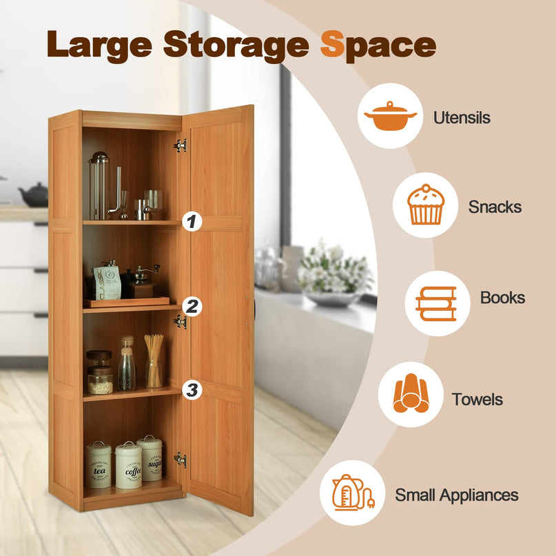 Giantex Kitchen Pantry, Tall Storage Cabinet Single Door, 4-Tier Floor Storage Cabinet for Bathroom (Oak Color)
