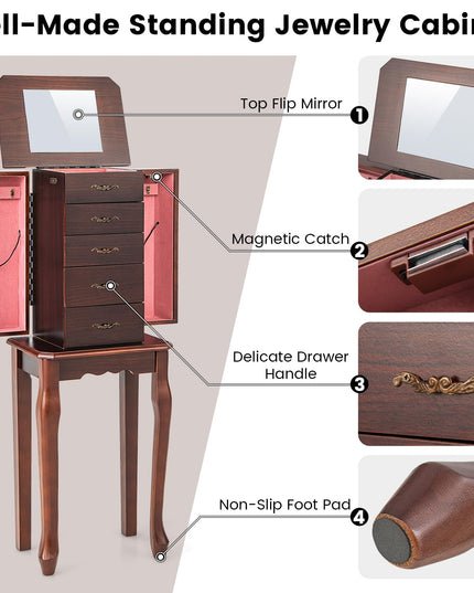 CHARMAID Standing Jewelry Organizer Cabinet with 4 Drawers, Top Storage Tray with Ring Slots, 2 Side Doors