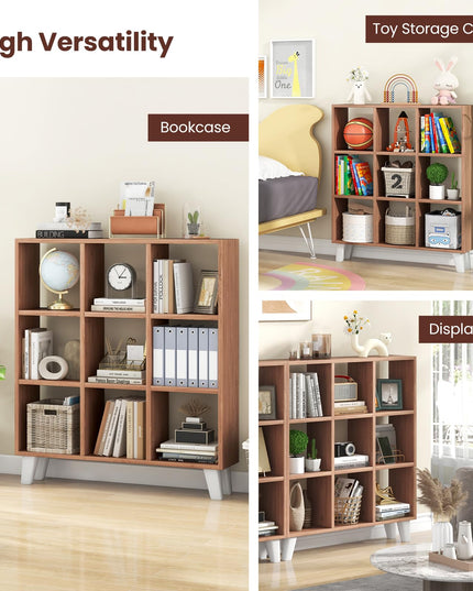 Giantex 9-Cube Open Bookcase, 3-Tier Freestanding Bookshelf with 4 Slanted Legs & 6 Removable Shelves