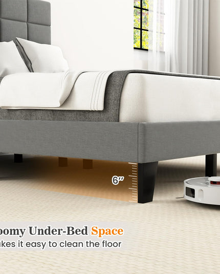 Giantex Full Size Platform Bed, Linen Fabric Upholstered Bed Frame with Adjustable Headboard & Wooden Slat Support