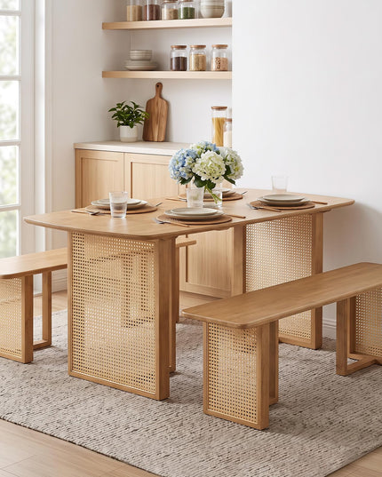 GIANTEX Rattan Dining Table Set for 4 w/ Rubber Wood Kitchen Table & 2 Bench