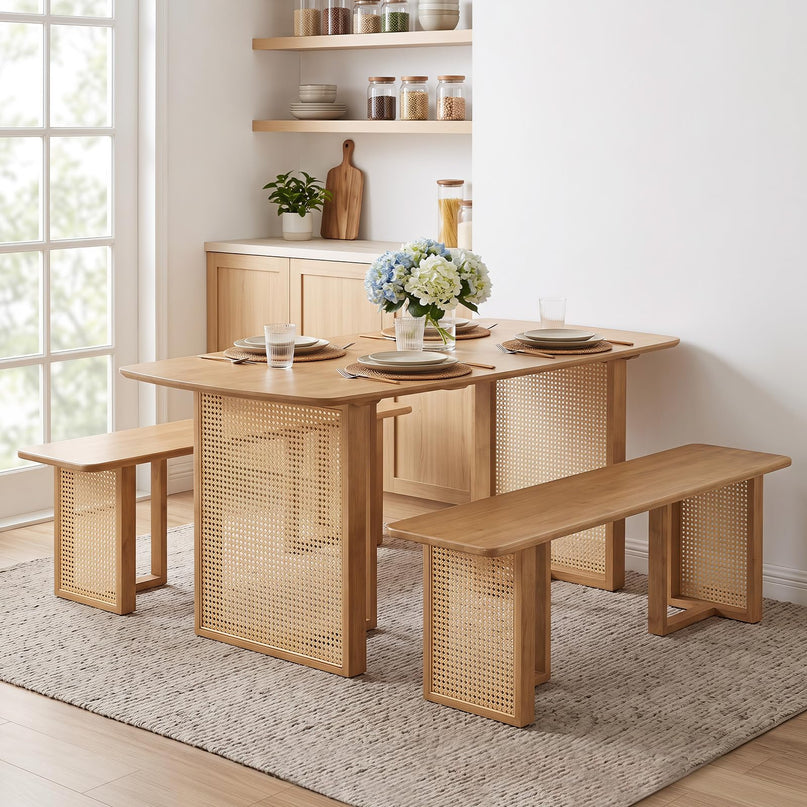 GIANTEX Rattan Dining Table Set for 4 w/ Rubber Wood Kitchen Table & 2 Bench