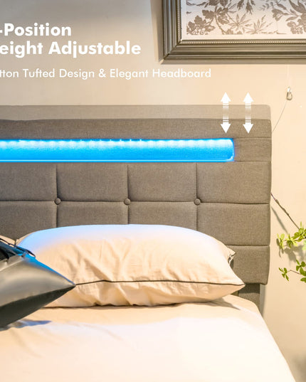 Giantex Queen Bed Frame with LED Lights and 4 Drawers, Upholstered Platform Bed Frame with USB Ports