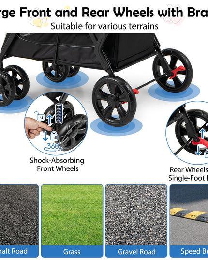 Giantex Dog Stroller with Low Entry & Ramp Access, Cat Stroller with Lockable & Shock-Absorbing All-Terrain Wheels