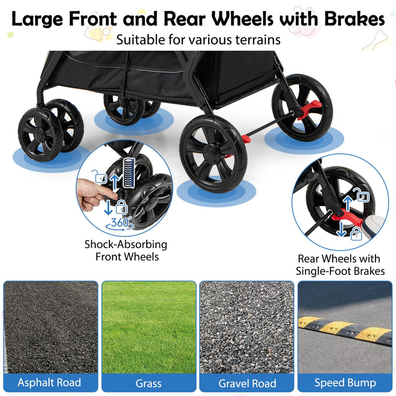 Giantex Dog Stroller with Low Entry & Ramp Access, Cat Stroller with Lockable & Shock-Absorbing All-Terrain Wheels