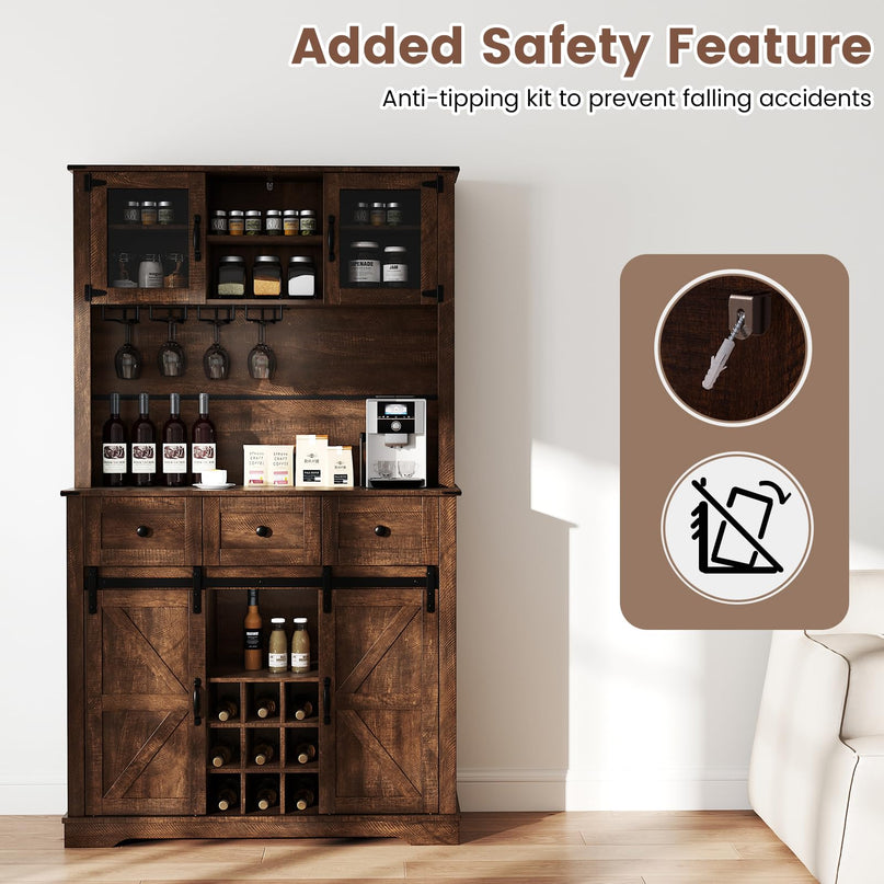 Giantex 72" Farmhouse Coffee Bar Cabinet w/Glass Doors & Wine Racks