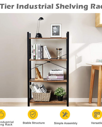 Giantex 4-Tier Industrial Bookshelf Vintage Bookcase with Metal Frame