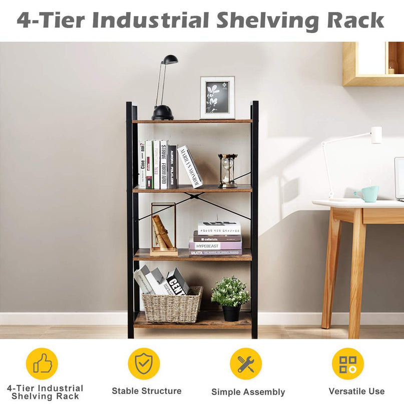 Giantex 4-Tier Industrial Bookshelf Vintage Bookcase with Metal Frame