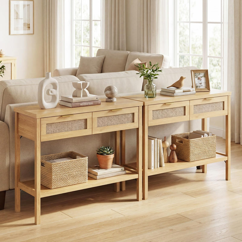 Giantex Table console en rotin de 101,6 cm avec 2 tiroirs et étagère, 2 kits anti-basculement
