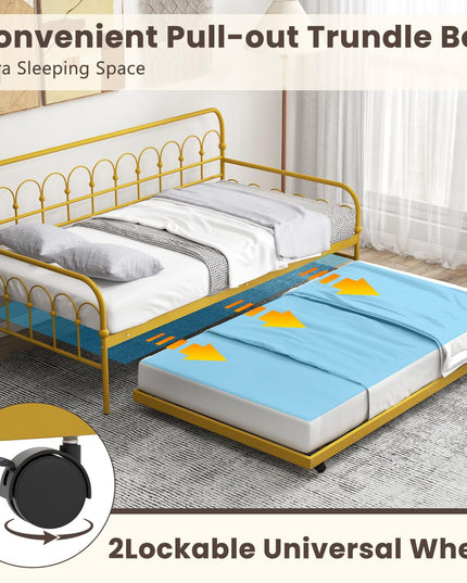 Giantex Twin Daybed with Trundle Gold, Metal Day Bed with Convenient Pull-Out Trundle Bed