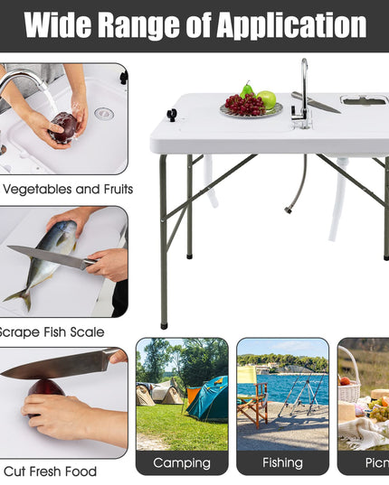 Giantex Fish Cleaning Table with 2 Sinks, Faucet, Garage Holder, Portable Folding Camping Table with Measuring Mark