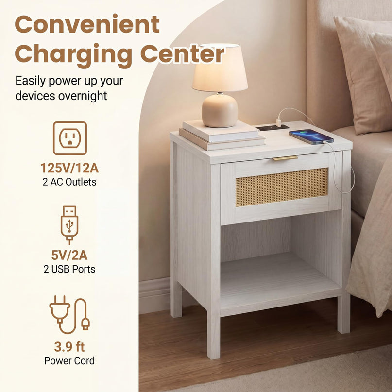 Giantex Rattan Night Stand with Charging Station