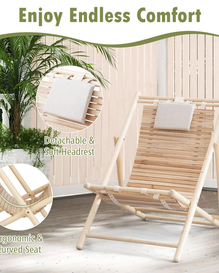 Giantex Wood Lounge Chair Outdoor - Folding Beach Chair with Detachable Headrest