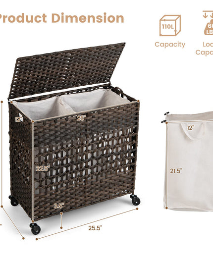 Panier à Linge Giantex avec Roues et Couvercle, Panier à Linge en Osier de 125L (33 Gal), 2 Sacs Intérieurs Amovibles