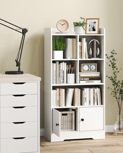 Giantex 4-Tier Bookcase with Doors, Small Bookshelf with 5 Cubbies and 2 Cabinets, White Freestanding Bookshelf