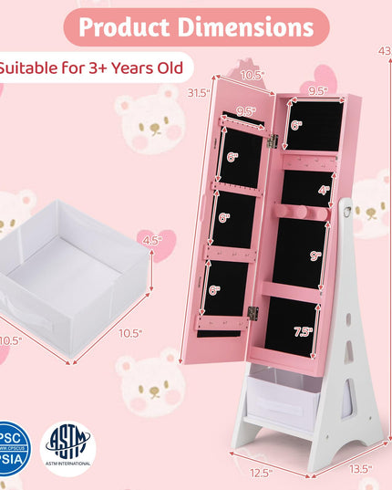 CHARMAID Kids Mirror Jewelry Cabinet - Standing Full Length Mirror with Jewelry Storage