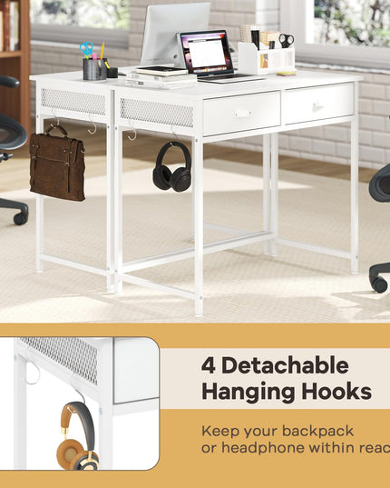 Giantex Small Computer Desk with Fabric Drawers, 36 Inch Home Office Desk with 4 Hanging Hooks & Metal Frame