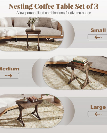Giantex Table Basse Gigogne Rectangulaire, Ensemble de 3 avec Pieds en Bois d'Hévéa Massif