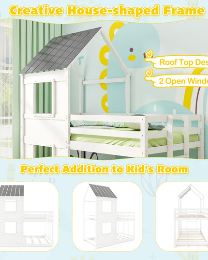 Giantex House Bunk Bed Twin Over Twin, Solid Wood Floor Bunk Bed with Built in Ladder, Window & Safety Guardrail