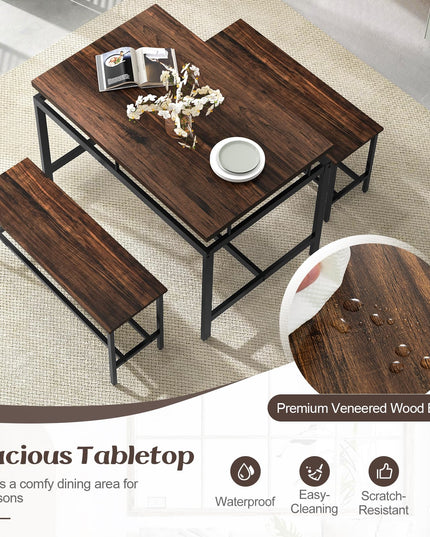 Giantex Kitchen Table Chairs Set of 3 - Dining Table Set for 4 with 2 Benches
