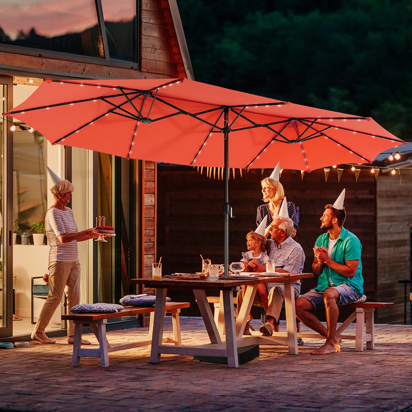 15ft Large Outdoor Umbrella Double-Sided, 48 Solar Lights, Auto-Charging Solar Panel