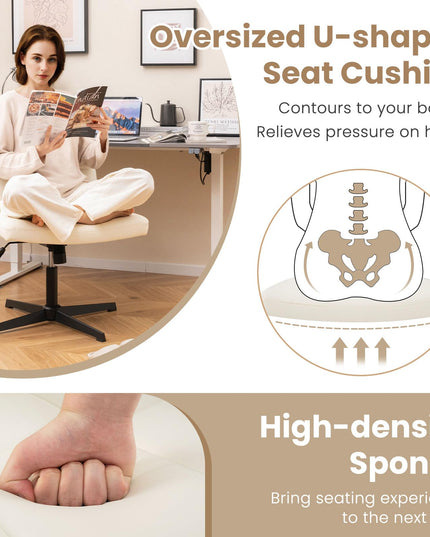 Giantex Criss Cross Chair, PU Leather Cross Legged Office Chair No Wheels, Height-adjustable Swivel Vanity Chair with U-shaped Seat