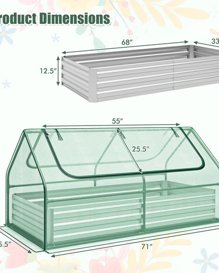 Giantex Galvanized Steel Raised Garden Bed with Mini Greenhouse, Outdoor Metal Planter Box Kit with Large Roll-up Cover