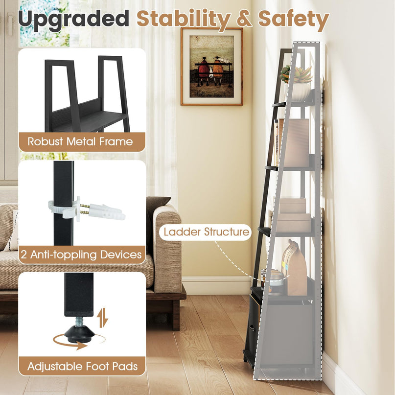 Giantex Modern Freestanding 5-Tier Ladder Bookshelf with Removable Fabric Drawer